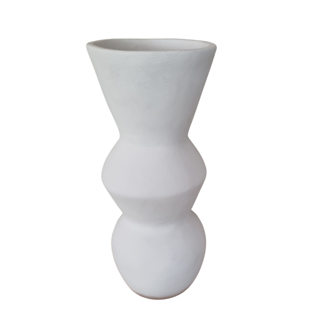 Sculptural decorative object with stacked bubble form and wide flared opening in matte white, white background
