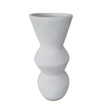 Sculptural decorative object with stacked bubble form and wide flared opening in matte white, white background