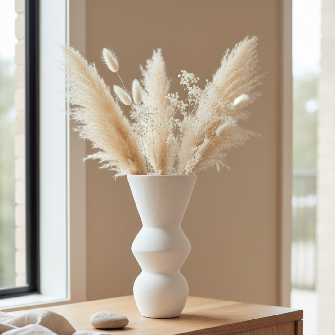 Slender terracotta vase in matte white styled with dried botanicals on a timber sideboard in a warm contemporary living space