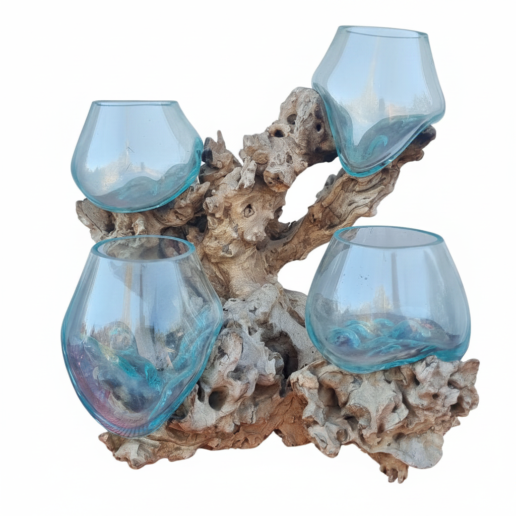 Decorative piece with blue glass holders on a natural wood and coral base 7.2