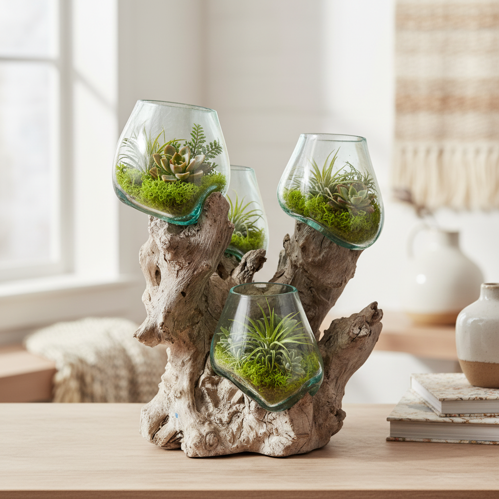 Decorative terrariums on a natural wood stand with a blurred indoor background4-T