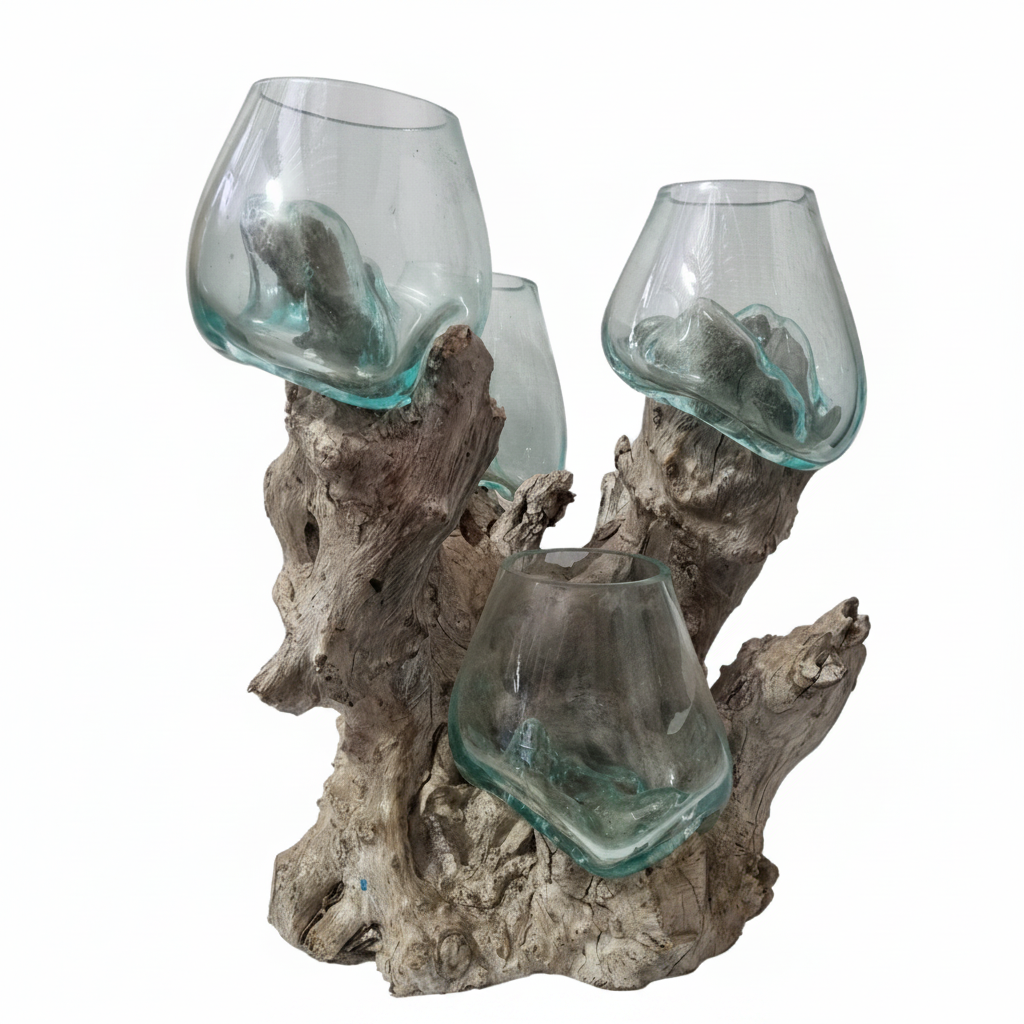 Decorative glass holder with natural wood base on a white background 4-T
