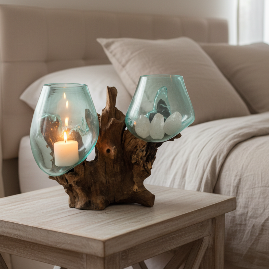 Bedroom lifestyle: "Two aqua glass bowls on weathered driftwood base on bedside table with glowing candle and white crystals, soft linen backdrop