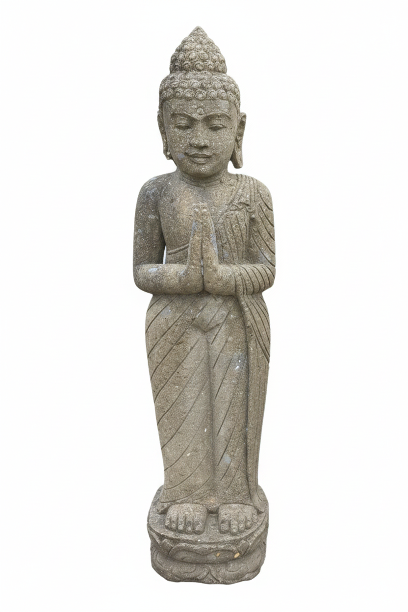 Standing carved figure with offering hands, draped robes, on a decorative base, white background