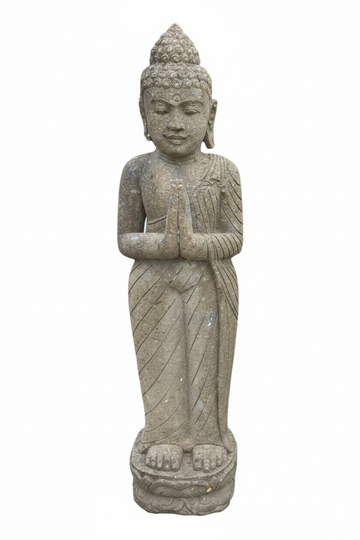 Standing carved figure with offering hands, draped robes, on a decorative base, white background