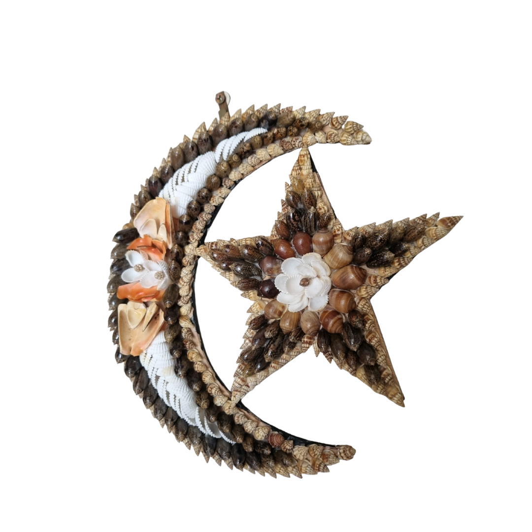 wall art pieces featuring crescent moons and starfish, made with shells and other natural materials.