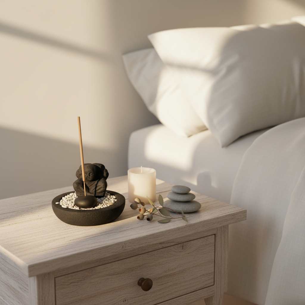 Two black stone Shaolin monk figures on a round pebble bowl with an scented stick, styled on a timber bedside table with a white candle, smooth river stones and dried eucalyptus in warm afternoon light with linen bedding in the background