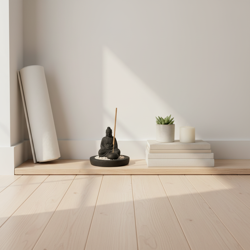 Black stone Buddha figure on a round white pebble bowl with an incense stick, styled on a low timber shelf in a meditation corner with a rolled yoga mat, small succulent, stacked books and a white pillar candle