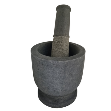 Stone Mortar and Pestle Set – natural grey stone, heavy base, shown with pestle alongside on white background