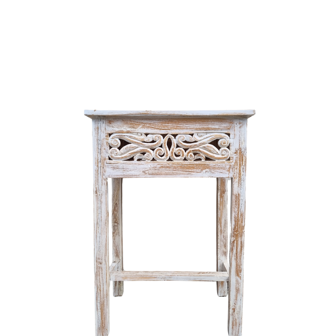 Stylish side table reclaimed teakwood whitewash finish with hand-carved Balinese scroll panel – front view