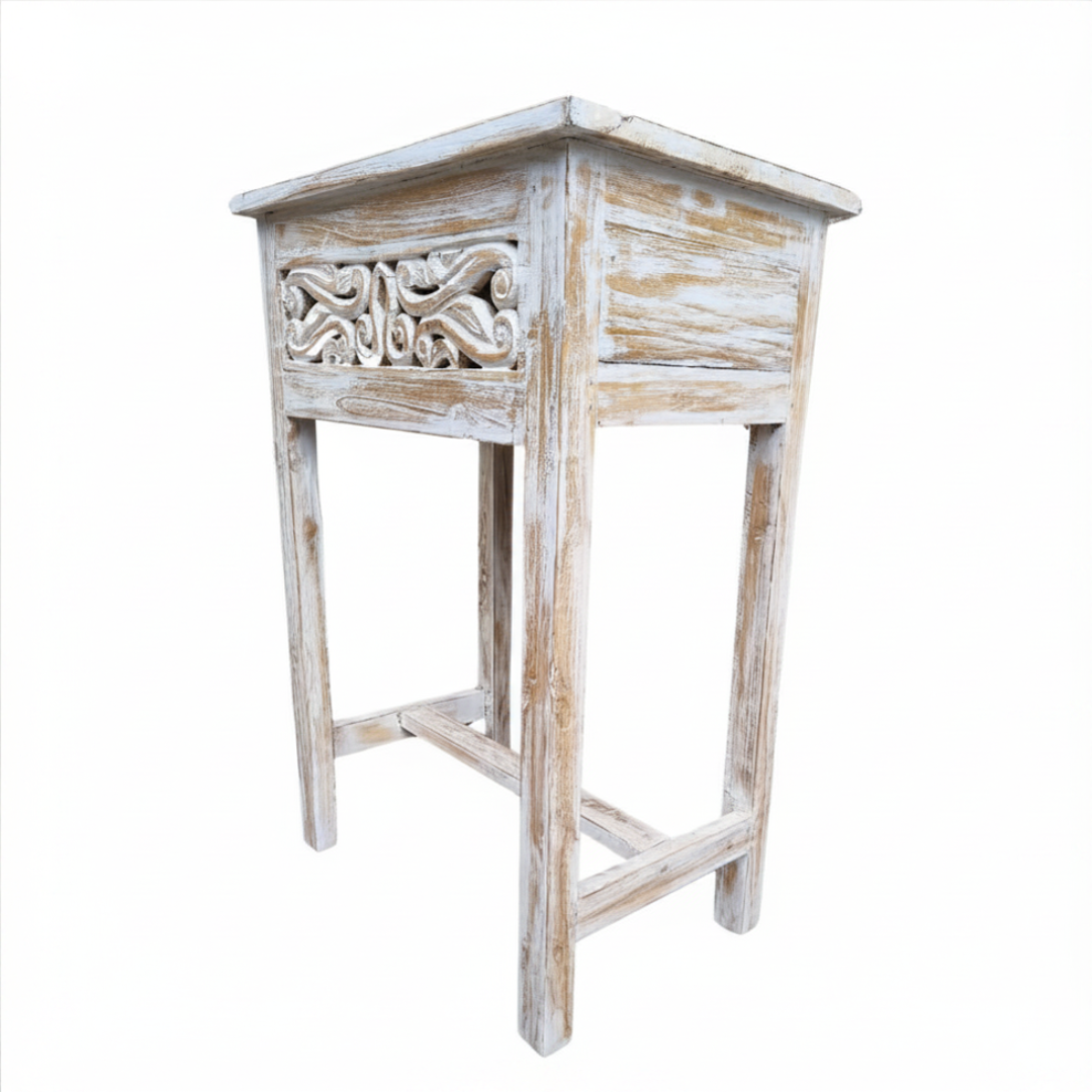 Stylish side table reclaimed teakwood – angled top view showing rustic grain texture and carved Balinese panel