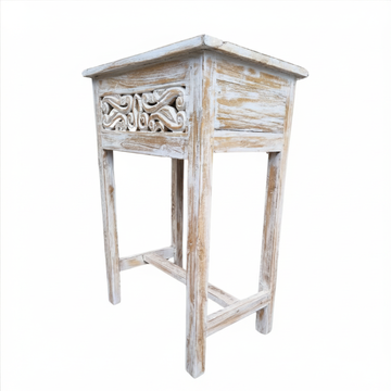 Stylish side table reclaimed teakwood – angled top view showing rustic grain texture and carved Balinese panel