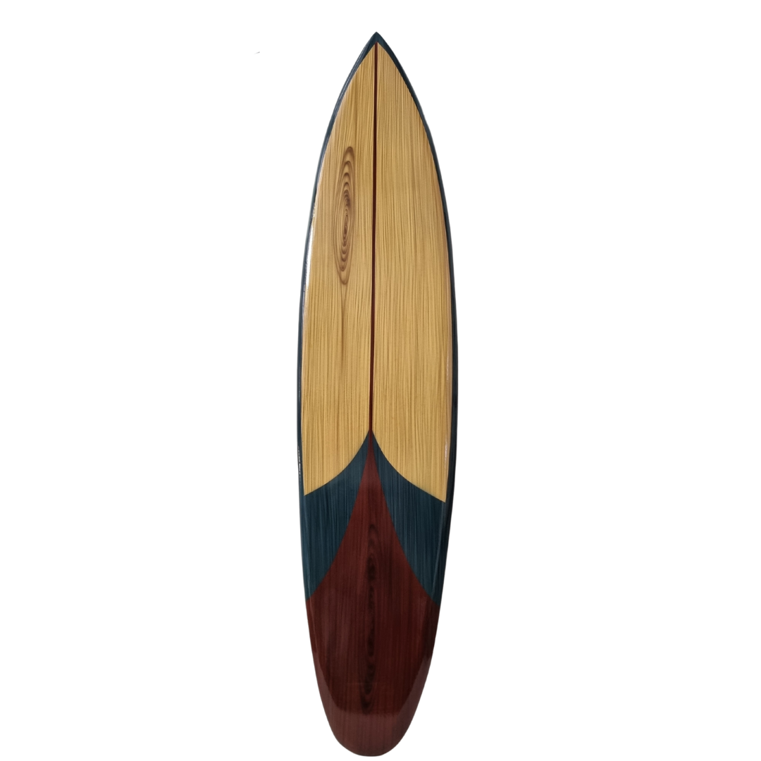 A surf board wall art pieces with various solid colors and designs, arranged vertically.