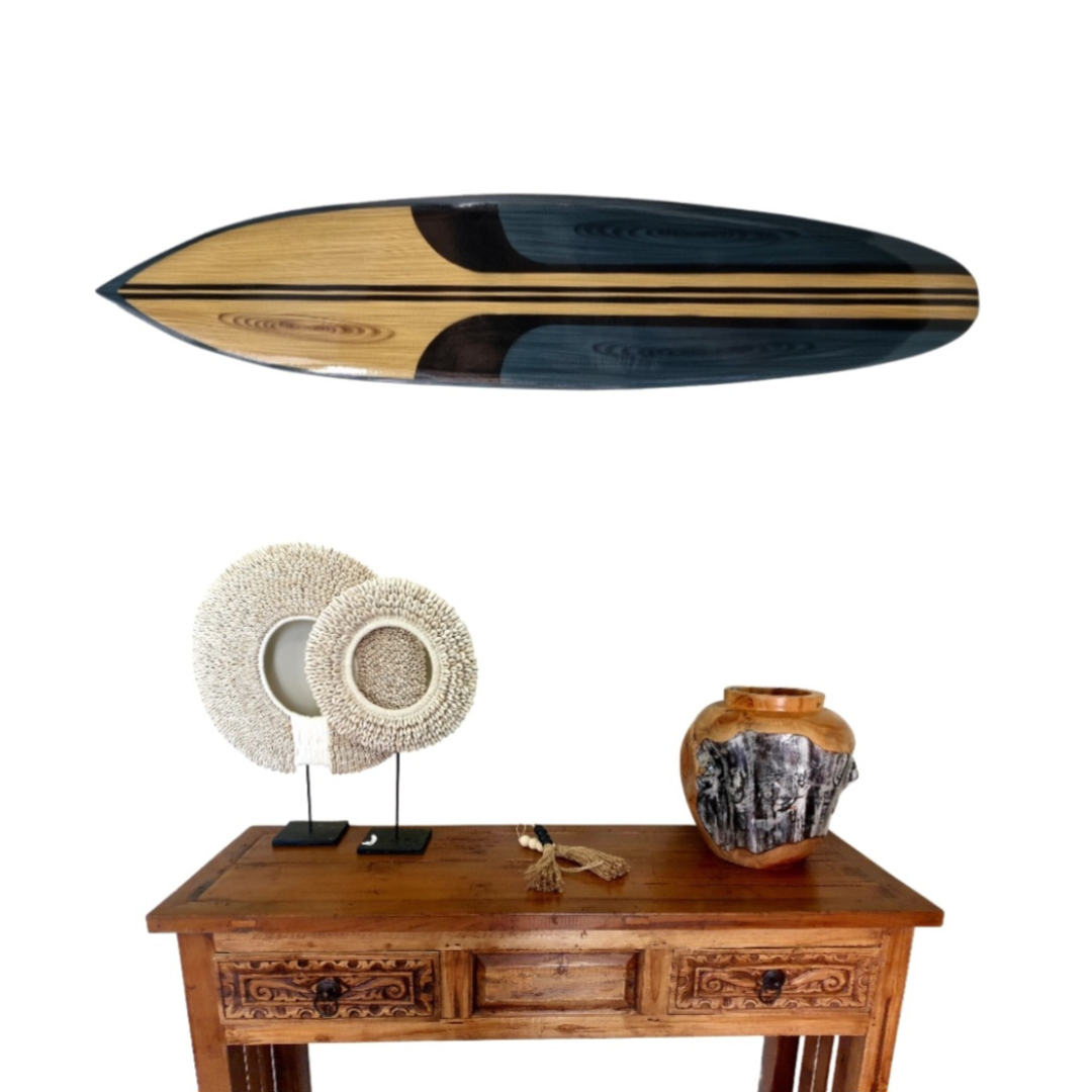 Wooden surfboard on a white background