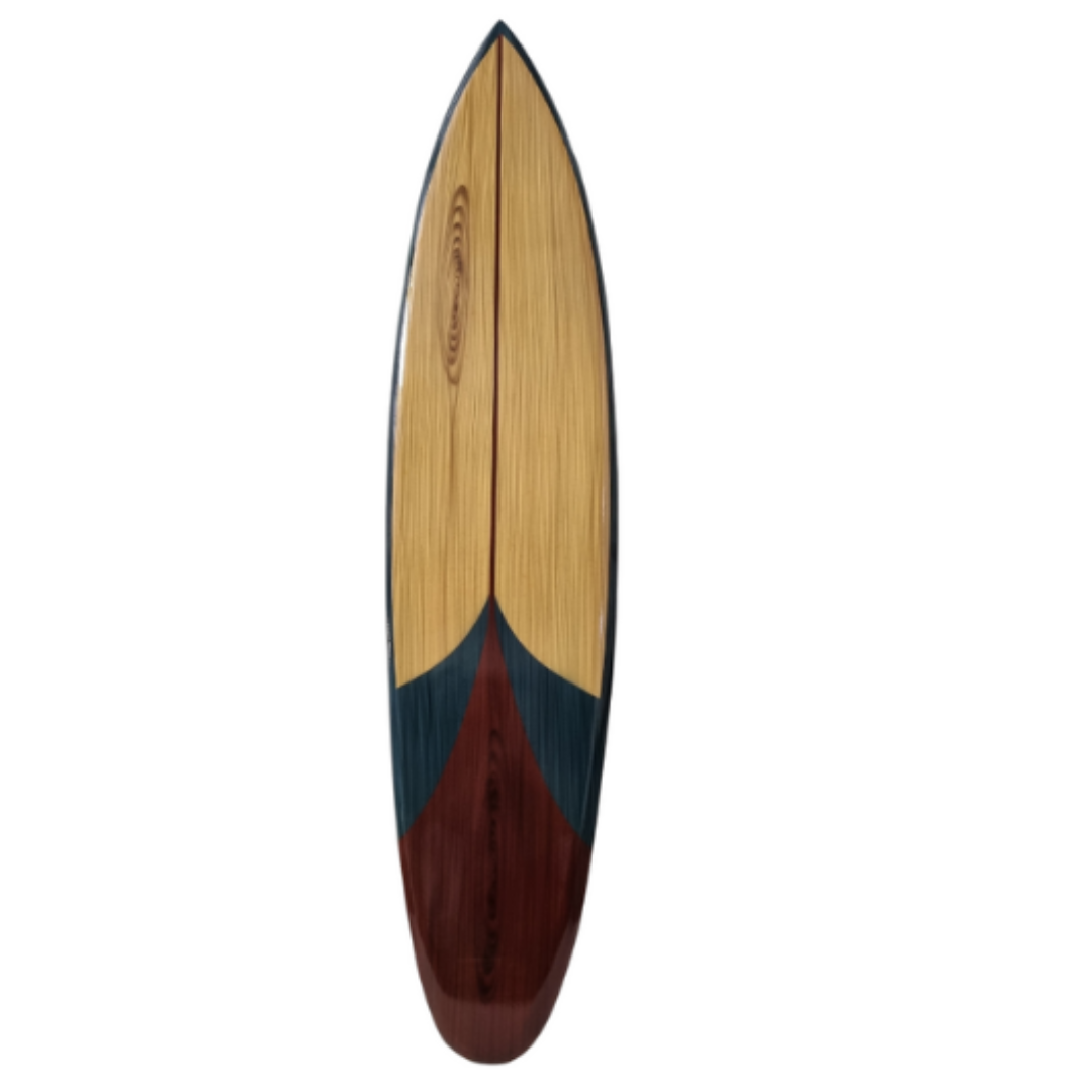 Wooden surfboard with a dark red bottom and light wood top on a white background