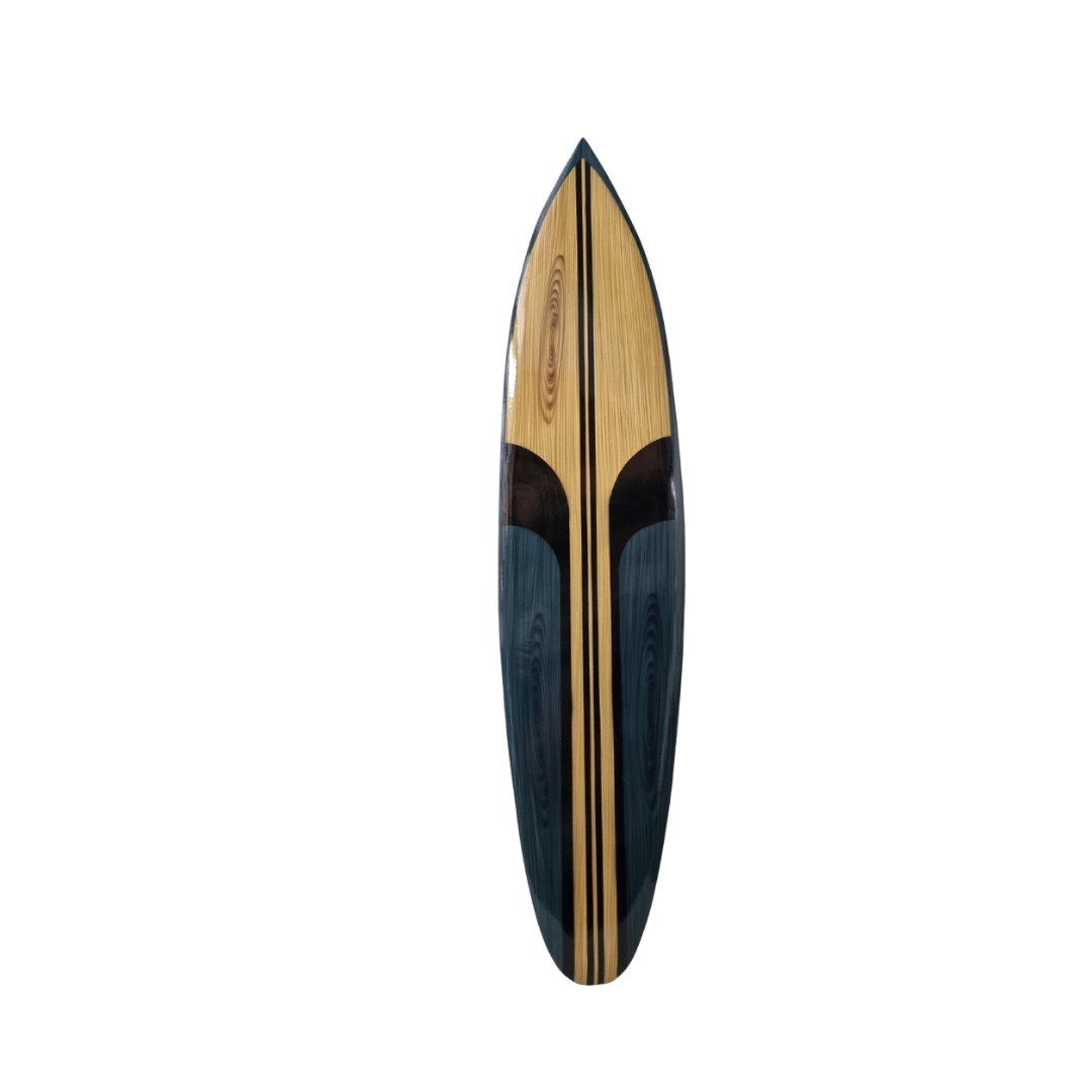 Wooden surfboard with black and blue with natural wood background design on a white background
