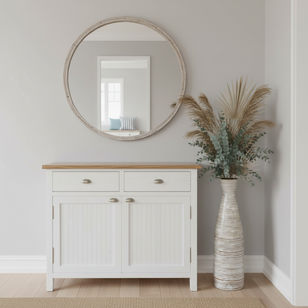 Large ribbed white floor vase styled with dried pampas grass and eucalyptus beside a white timber sideboard and round whitewash circular mirror in a soft coastal hallway