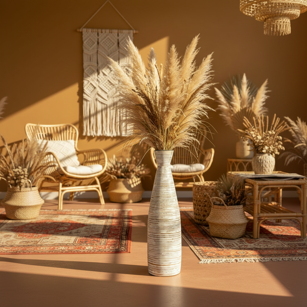 Cozy living room with pampas grass, textured vases, and woven furniture.