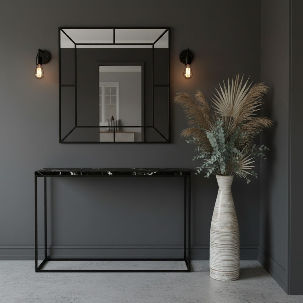 Tall ribbed white woven floor vase with dried pampas grass, dried palm leaf and eucalyptus, styled beside a black steel and marble console table against a dark charcoal wall with industrial Edison bulb sconces