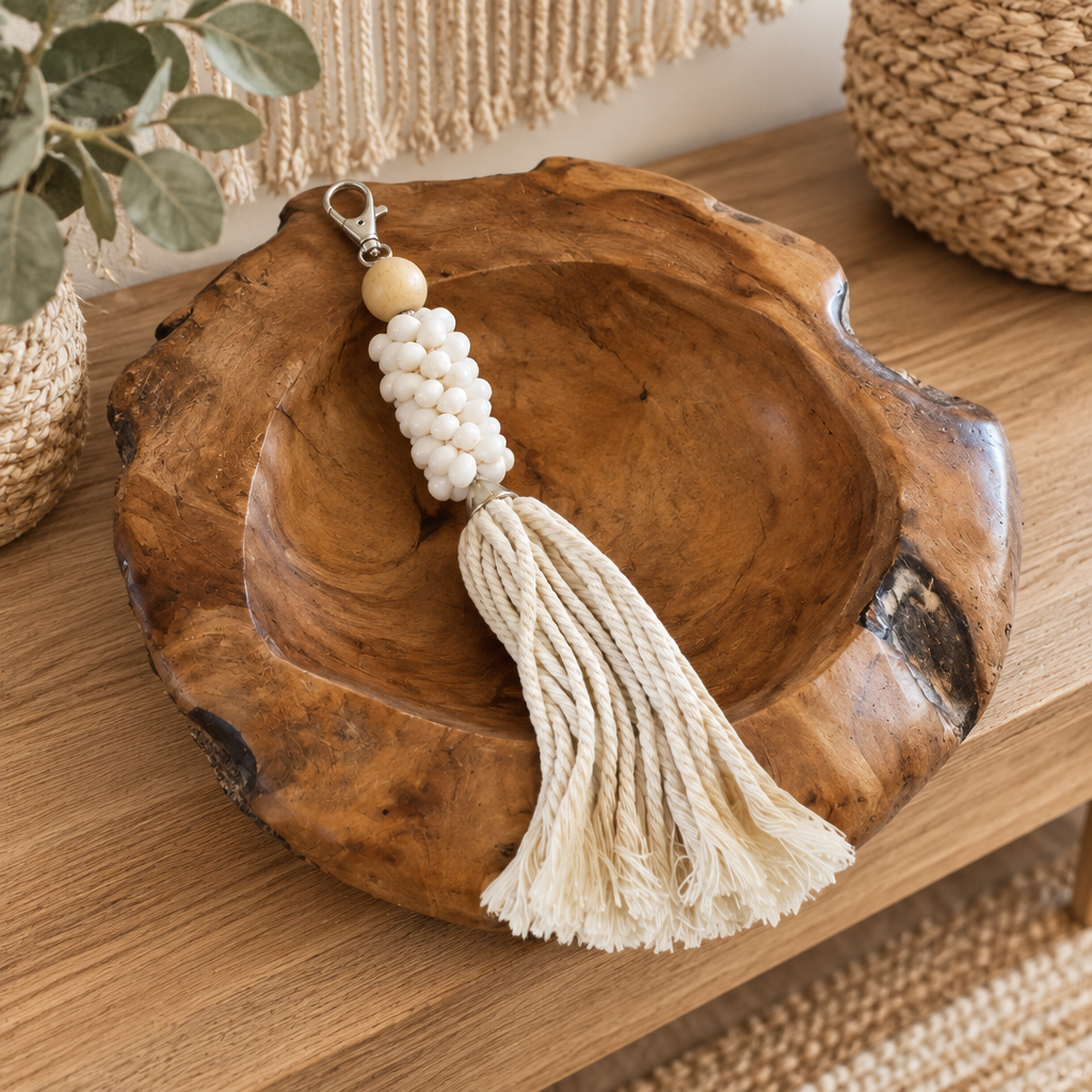 Natural in wooden bowl: Cream cotton cords with pale beads arranged in a rustic wooden bowl on a coastal table.
