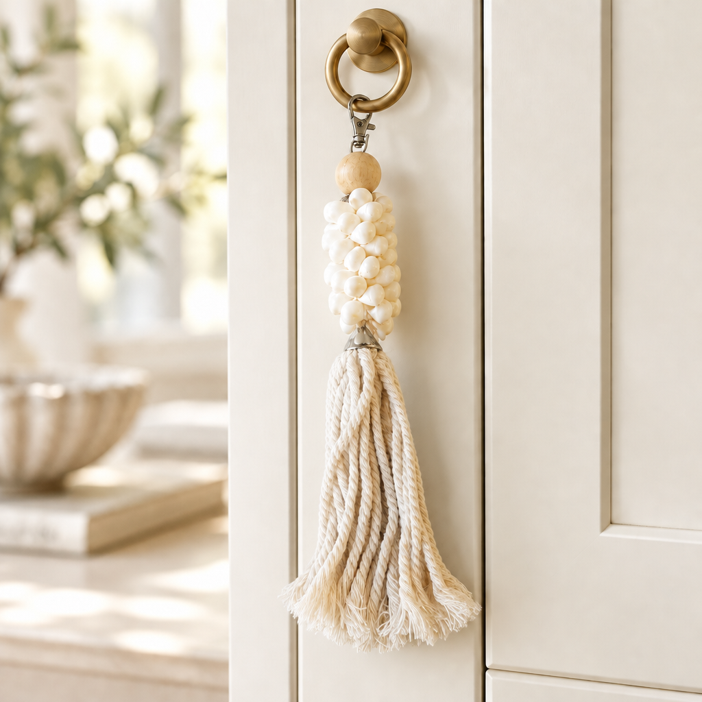 Natural Moon Shell Tassel with pale shell beads and a light wood bead, its silver clasp attached to a brass cupboard ring.