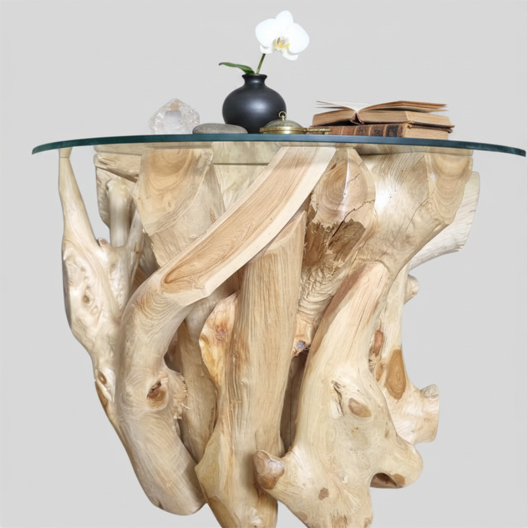 Teak root coffee table with round glass top styled with a black ceramic vase with white orchid, stacked books, and crystal quartz on the glass surface against a soft grey background