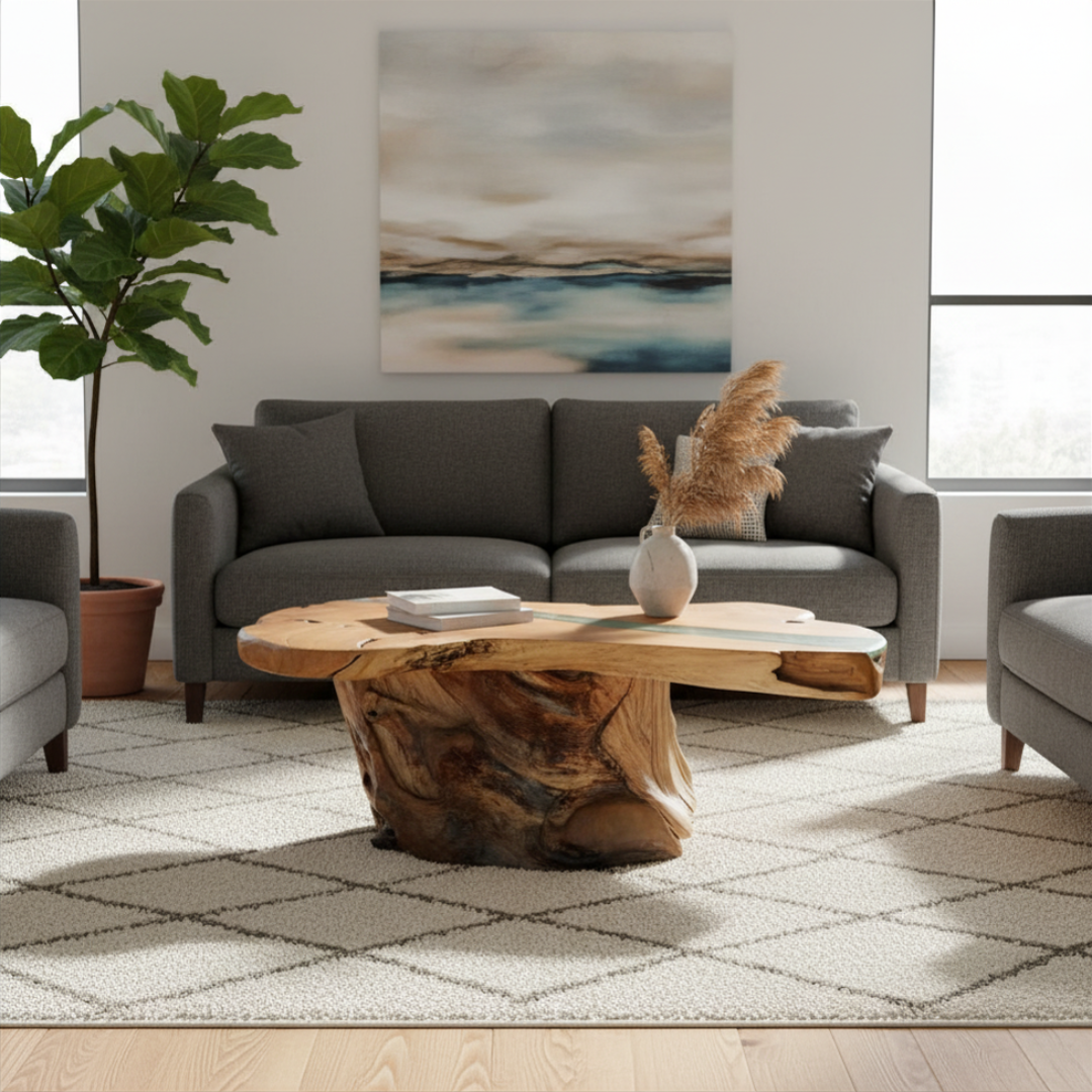 Teak root coffee table with organic live-edge slab top and sculptural root stump base styled in a modern neutral living room with grey sofa, diamond pattern rug, white ceramic vase with pampas grass, fiddle leaf fig, and coastal landscape artwork on the wall