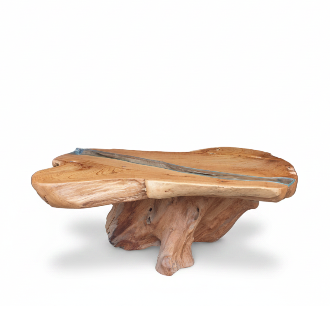 This is the side view of the Rectangular teak root coffee table with organic live-edge teak slab top and glass strip inlay, supported by a dark sculptural teak root stump base, product shot on white background showing natural grain, knots, and organic form