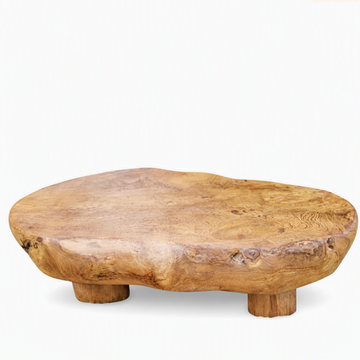 Reclaimed teak root platter stand with organic live-edge top and four short cylindrical legs, natural grain and knot detail, on white background