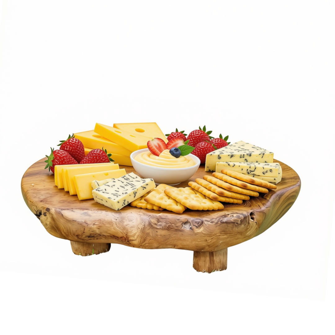 A round natural wood cheese board with legs, styled with various cheeses, crackers, and fresh fruit on a white background.