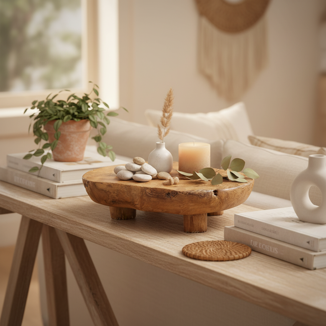 A round wooden footed tray or bowl styled on a light wood console table in a warm, boho-living room setting. The tray is decorated with white stones, a small white vase with dried grass, a lit cream candle, and green leaves.