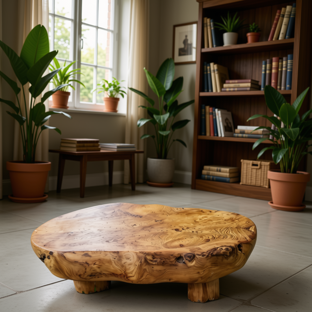 A rustic live-edge wooden coffee table with natural wood grain and small legs, placed in a bright, modern living room with potted plants, a bookshelf, and a window.