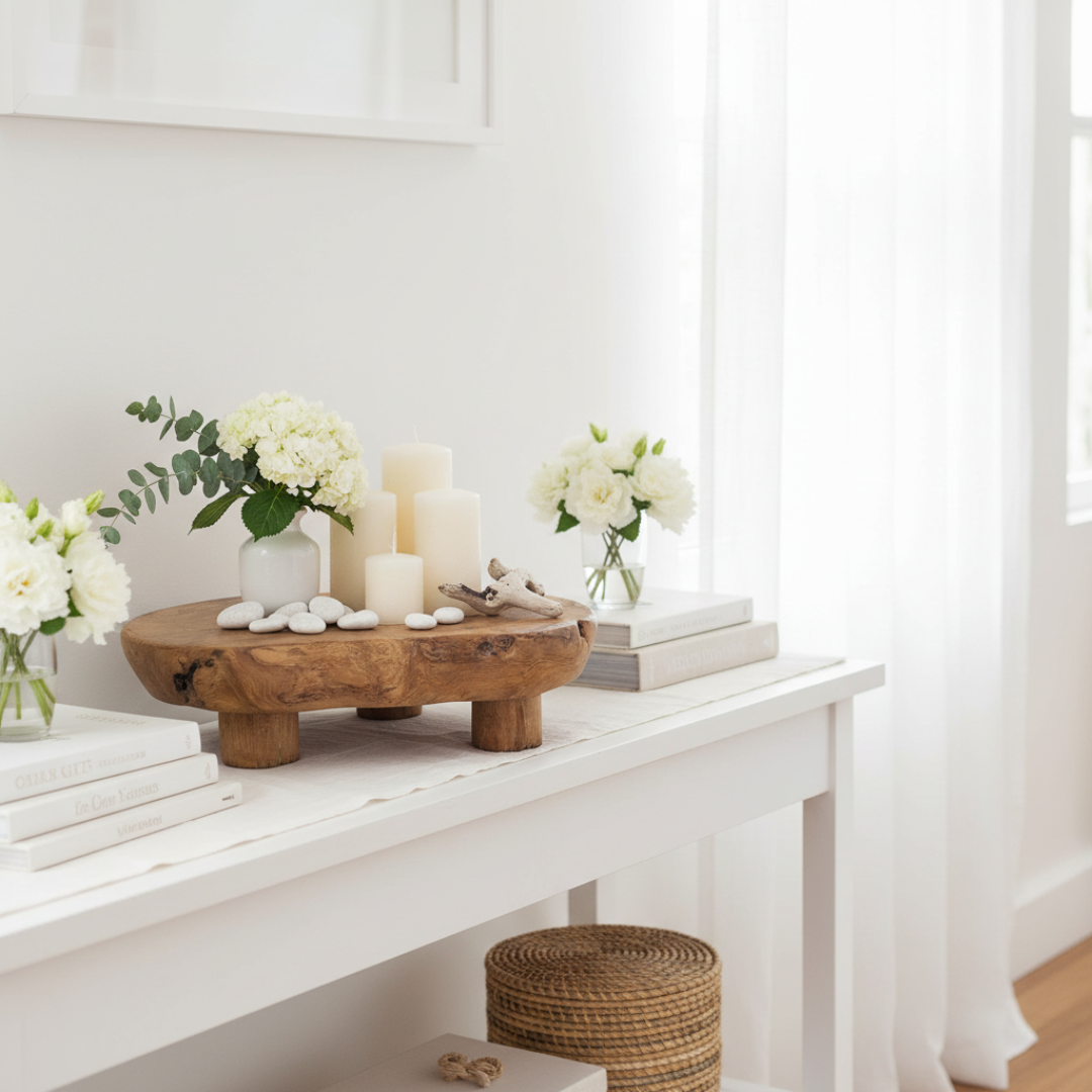 A rustic round wooden tray with three legs sits on a white console table styled with white candles, small vases of white flowers, white stones, and books in a bright, minimalist room.