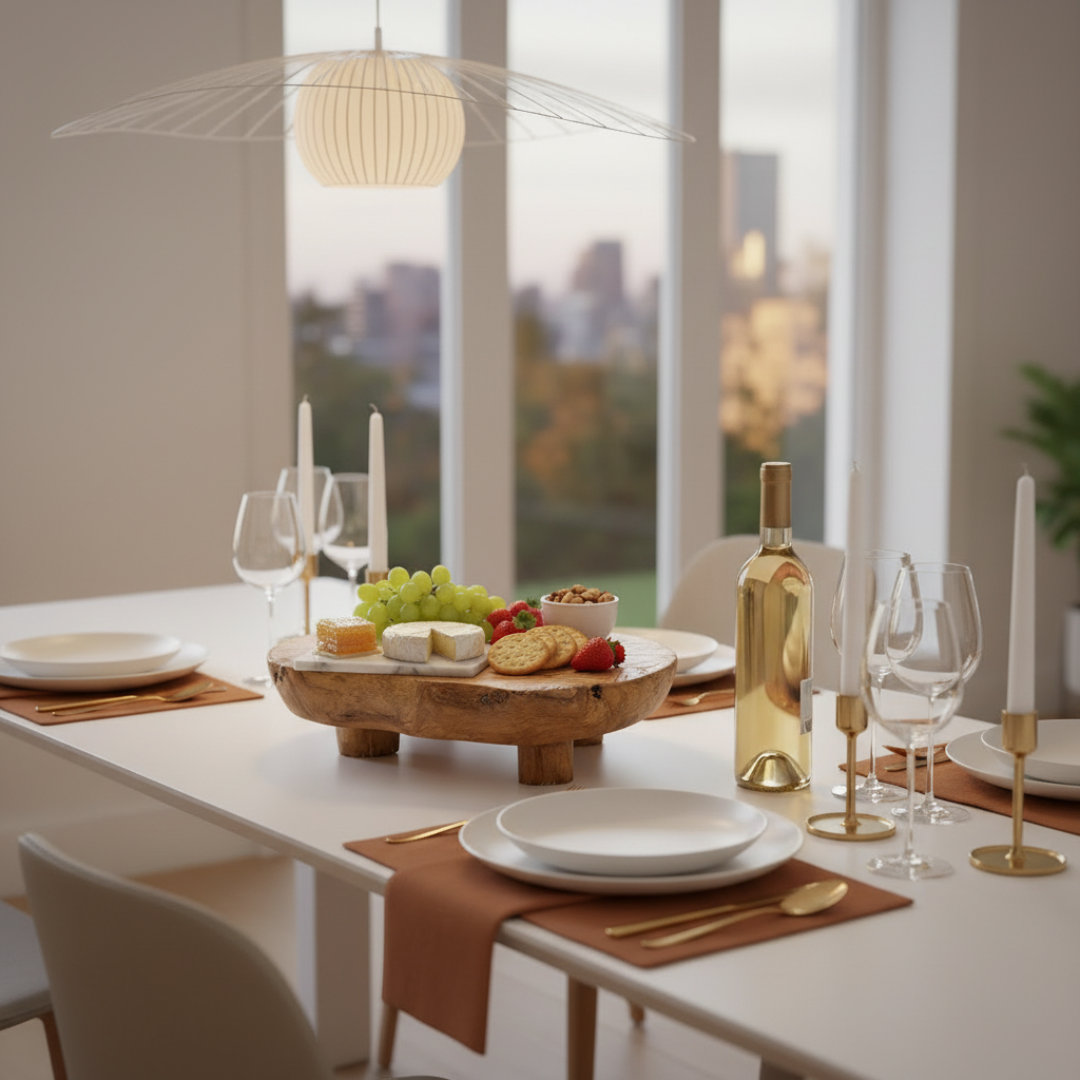 Modern Dining Table Entertaining — brushed gold cutlery, terracotta linen, taper candles, brie and grapes with white wine:

