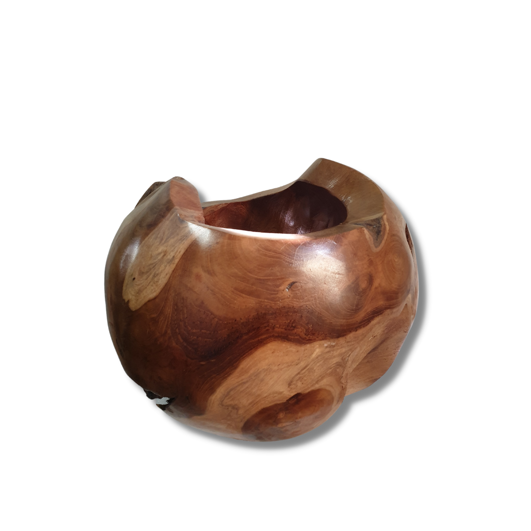 Rounded sculptural teak vase with swirling natural grain, side view