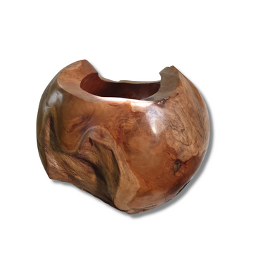 A brown, abstractly shaped teak wood vase with a glossy finish.