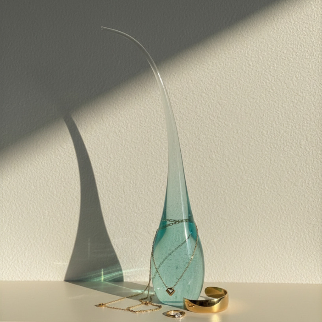 Large aqua teal glass sculpture with frosted curved stem casting a dramatic shadow on a warm textured wall, with gold necklace draped around the base and a gold bangle beside it