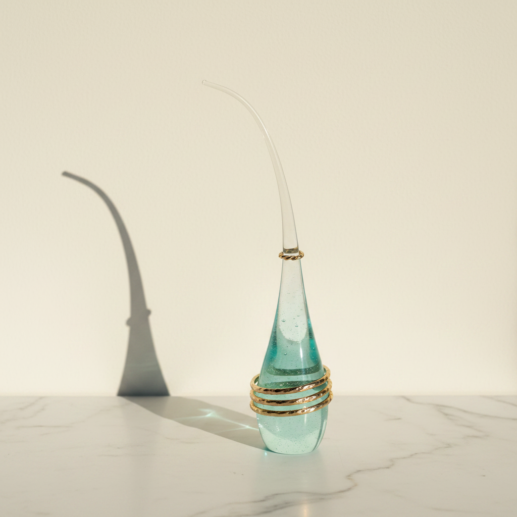 Aqua teal glass sculpture with frosted curved stem casting a dramatic shadow, gold twisted ring on the stem and gold bangles stacked around the base on white marble