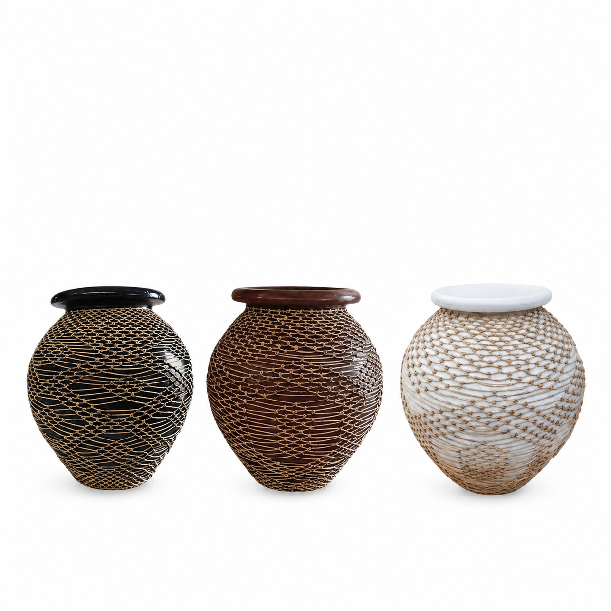 Terracotta Vase with Rattan Wrap in three colours — black, terracotta-brown, and white — displayed together on a white background