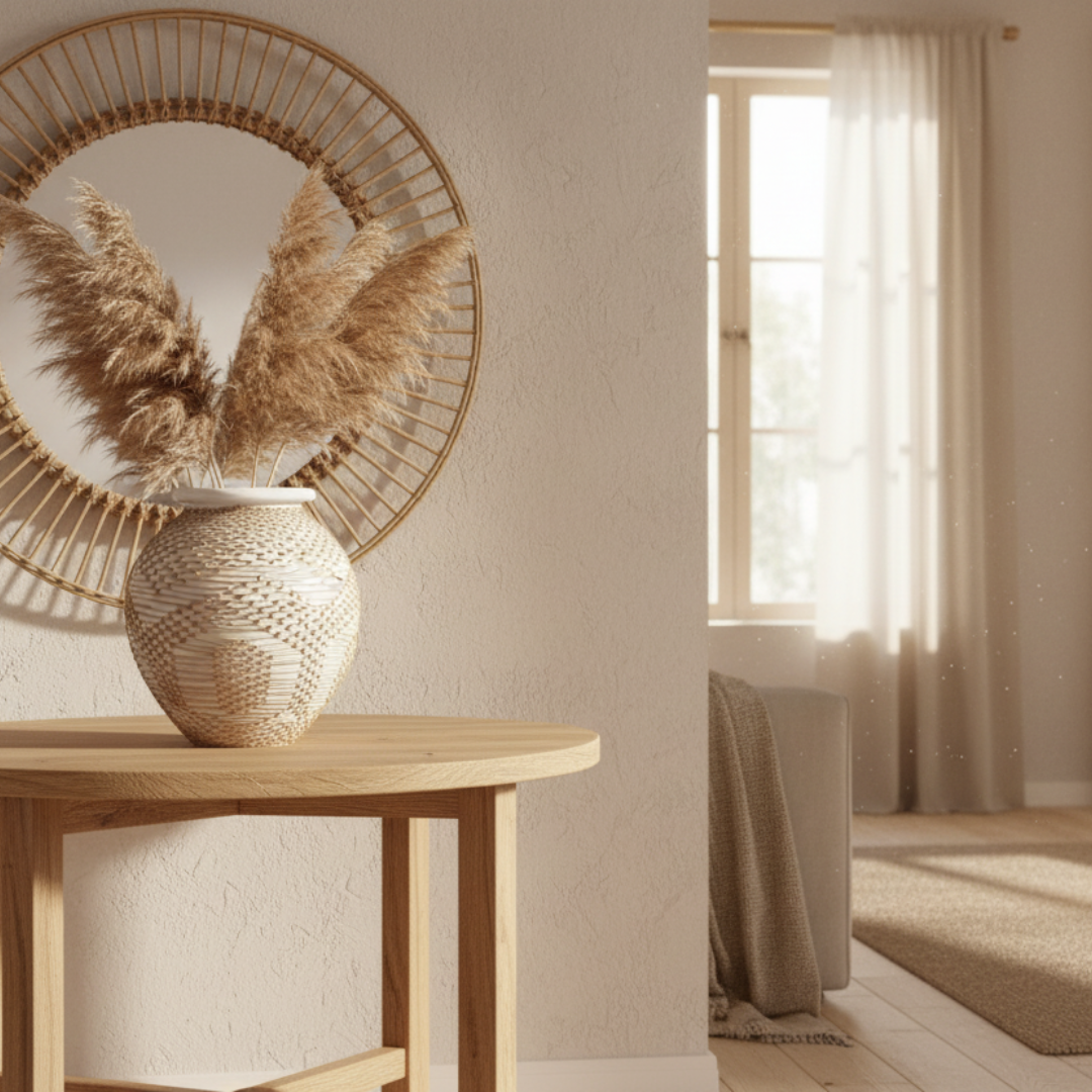 Round rope-textured white vase filled with dried botanicals on a timber sideboard in a warm boho living room