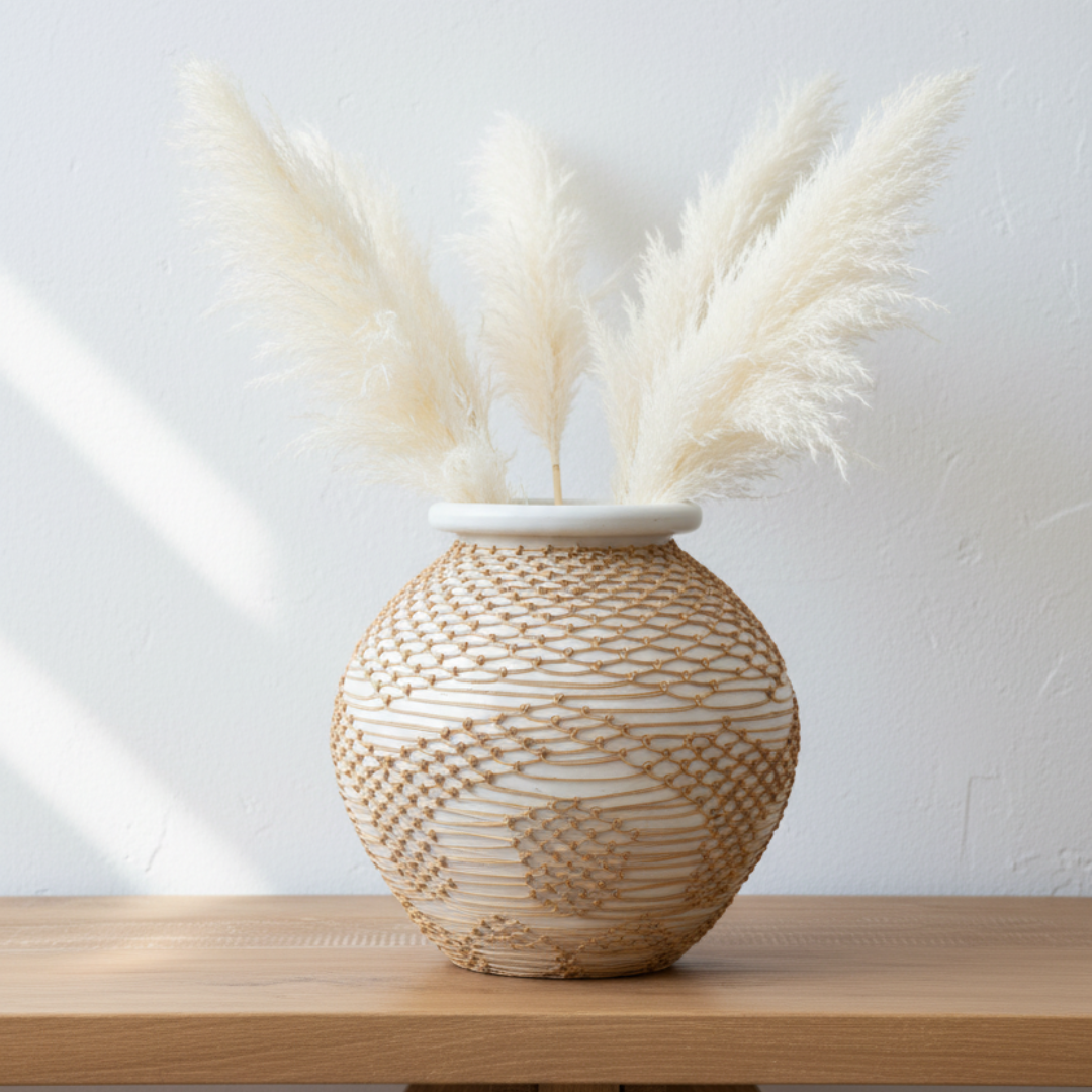 Globe-shaped white vase with knotted natural net wrap and smooth white rim, on a rustic timber floor against a white background