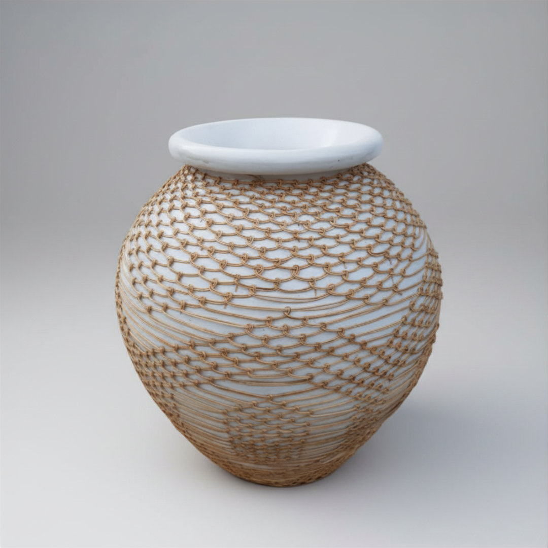 Globe-shaped white terracotta vase with knotted rattan net wrap and smooth white ceramic rim, photographed on a soft grey gradient background