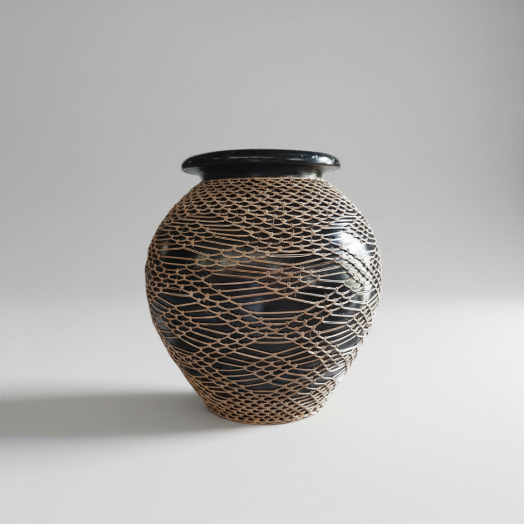 Globe-shaped black terracotta vase with knotted natural rattan net wrap and glossy black rim, on a white background
