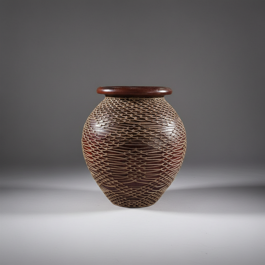 Round brown vase with knotted natural rope net wrap and glossy brown rim, on a soft grey gradient background with dramatic base lighting