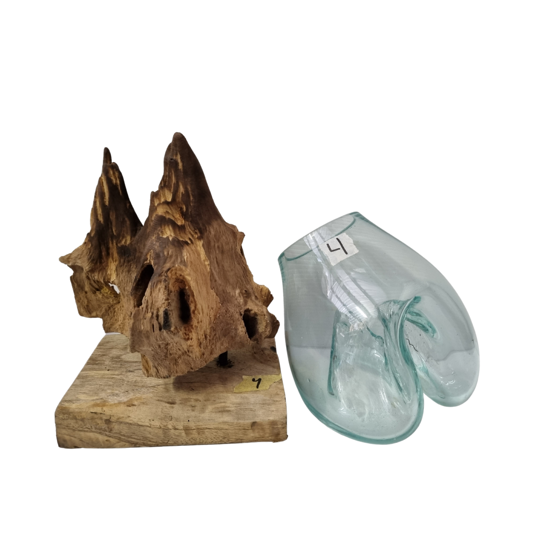 Aqua-tinted glass bowl balanced on a textured driftwood root, white background