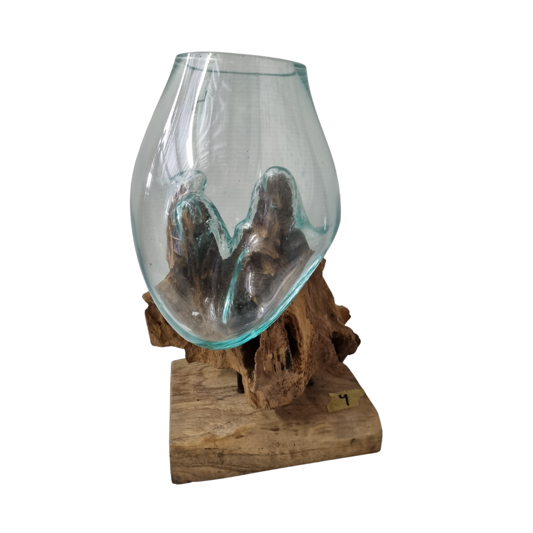 Free-form glass bowl on a raw driftwood root base, angled view on white background