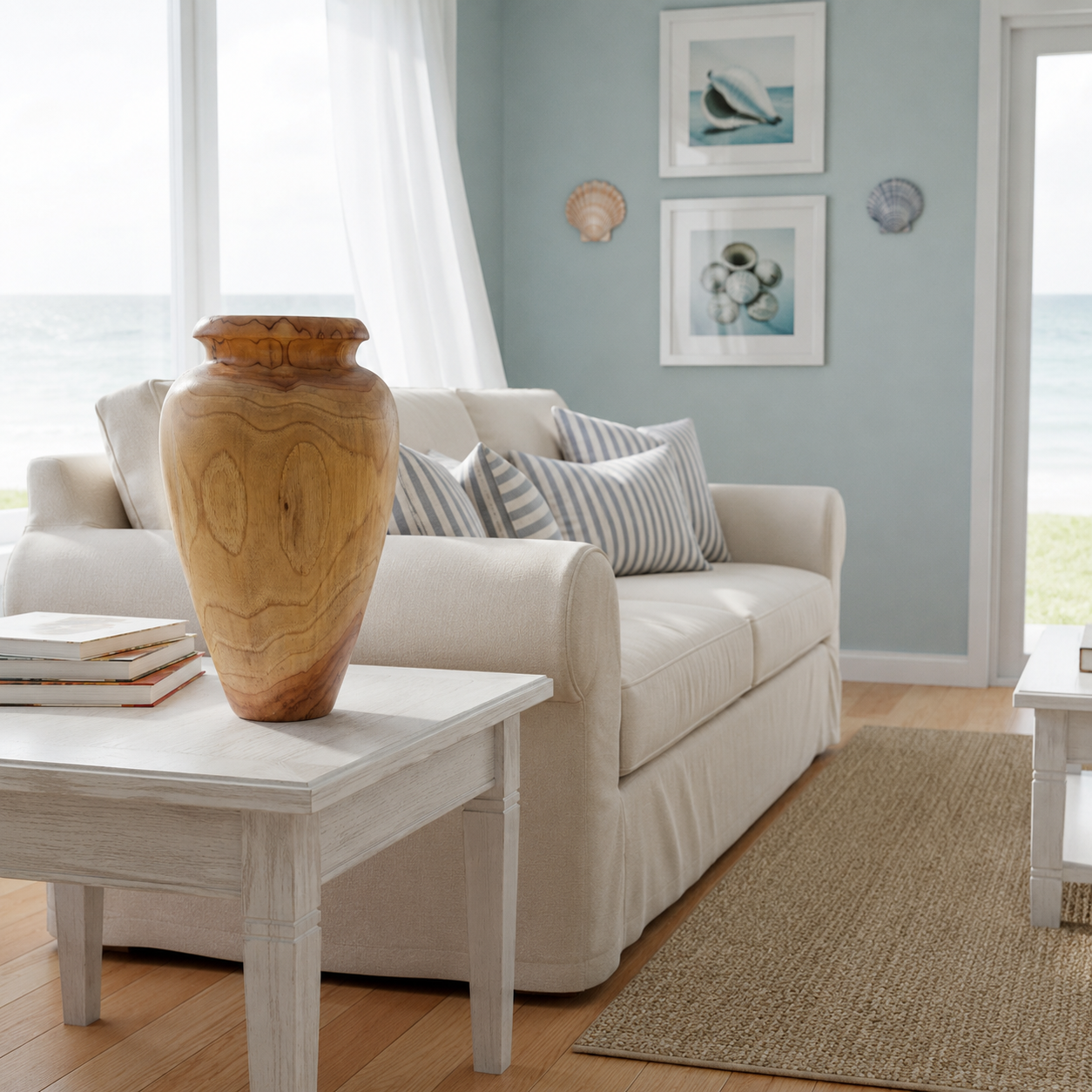 Carved wooden urn vase styled on a white coffee table in a bright coastal living room with a cream sofa, striped cushions and ocean views through sheer curtains