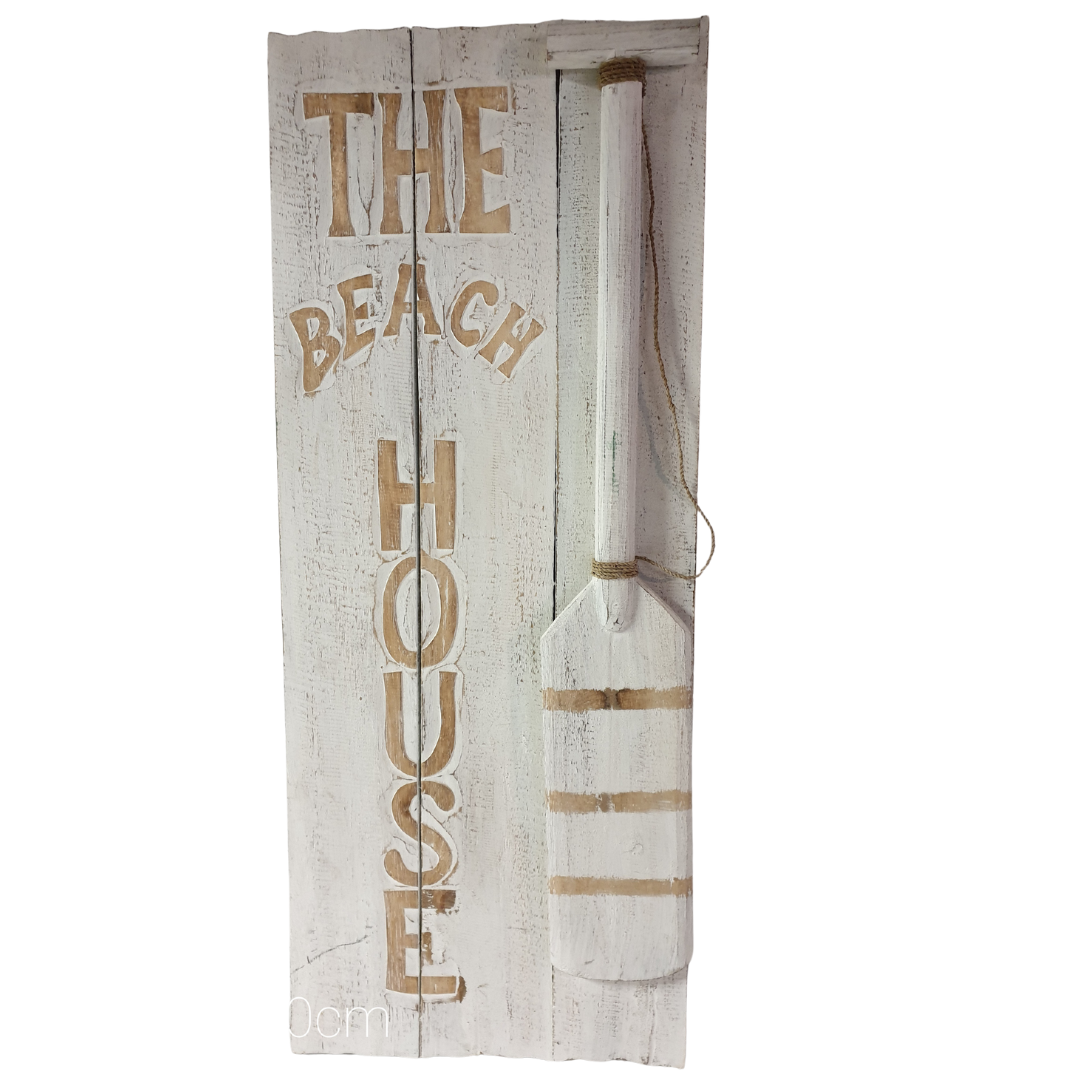 A rustic vertical wooden wall sign featuring distressed white wood planks 