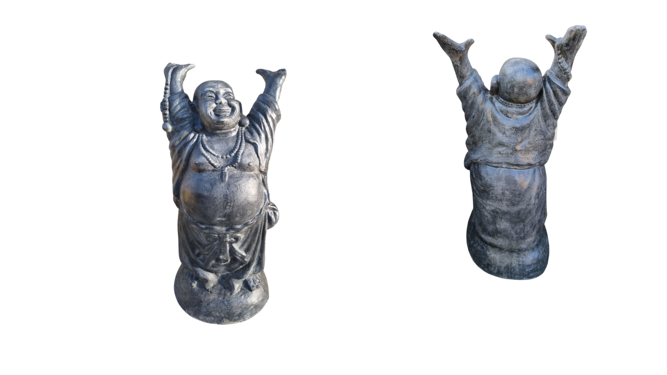 Two statues of a laughing figure with arms raised on a white background