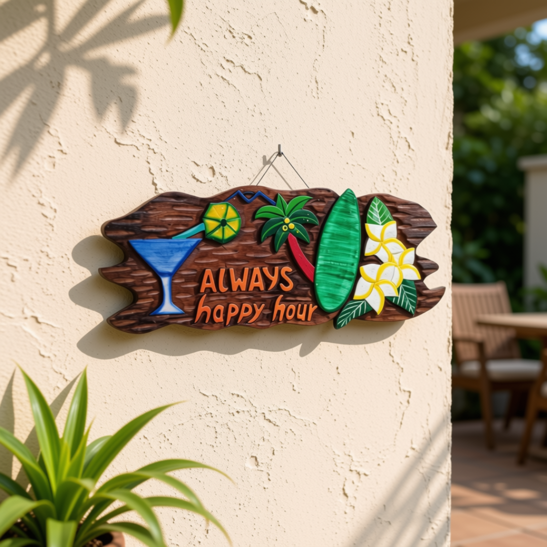 A decorative wooden wall sign hanging on a beige stucco wall, featuring tropical artwork and the words “ALWAYS happy hour.” The sign includes a blue martini glass, green palm leaves, a red chili pepper, a green surfboard, yellow-and-white flowers, and orange lettering.